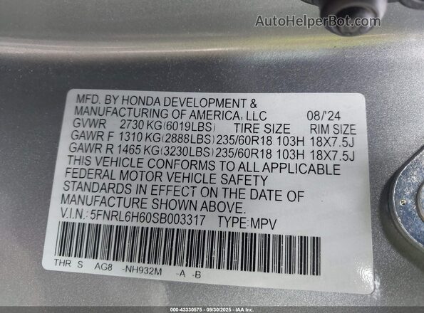 5FNRL6H60SB003317 2025 HONDA ODYSSEY Silver Widok komory silnika