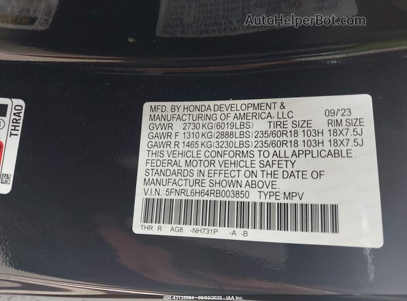 5FNRL6H64RB003850 2024 HONDA ODYSSEY Black Vista del compartimento del motor