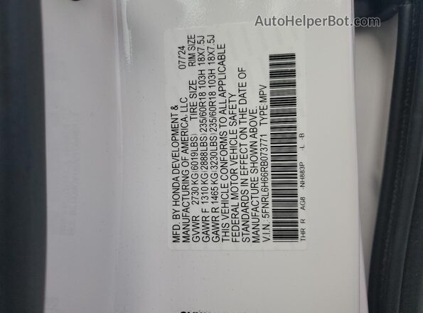 5FNRL6H66RB073771 2024 HONDA ODYSSEY White 