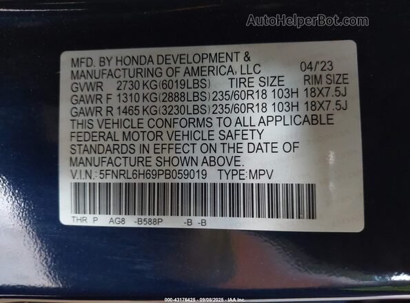 5FNRL6H69PB059019 2023 HONDA ODYSSEY Blue Շարժիչի բաժամունքի տեսք