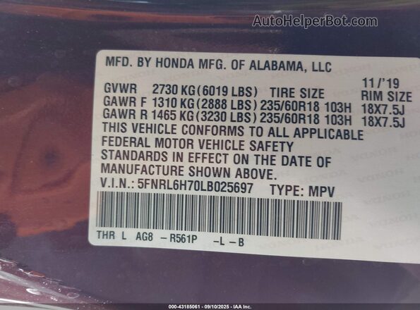 5FNRL6H70LB025697 2020 HONDA ODYSSEY Burgundy Engine compartment view