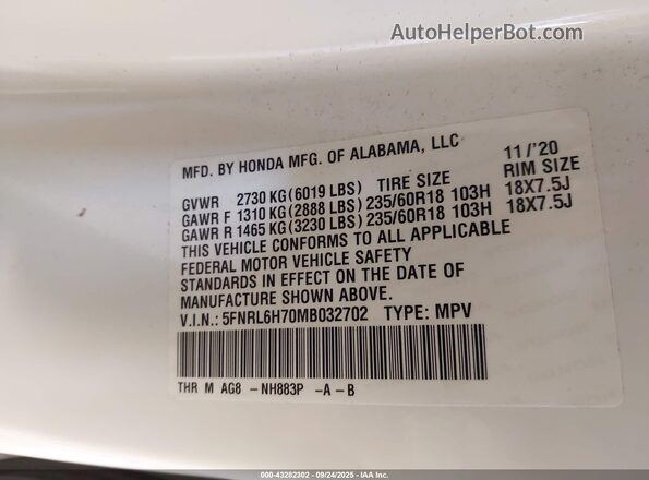 5FNRL6H70MB032702 2021 HONDA ODYSSEY White Engine compartment view
