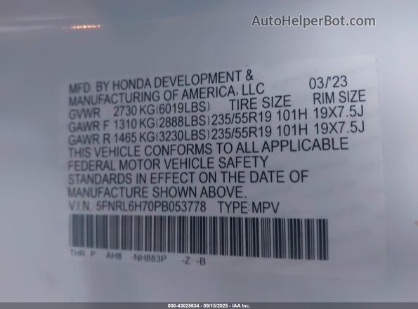 5FNRL6H70PB053778 2023 HONDA ODYSSEY White Widok komory silnika