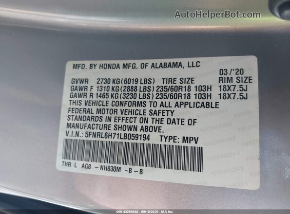5FNRL6H71LB059194 2020 HONDA ODYSSEY Silver Engine compartment view