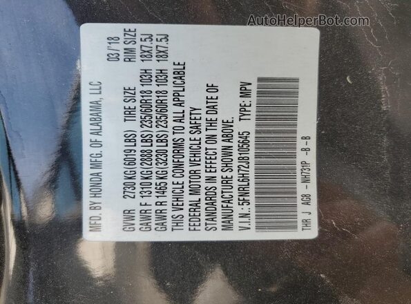 5FNRL6H72JB105645 2018 HONDA ODYSSEY Black 