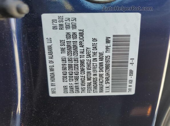 5FNRL6H72MB019725 2021 HONDA ODYSSEY Blue VIN sticker view