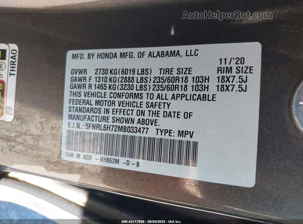 5FNRL6H72MB033477 2021 HONDA ODYSSEY Gray Engine compartment view