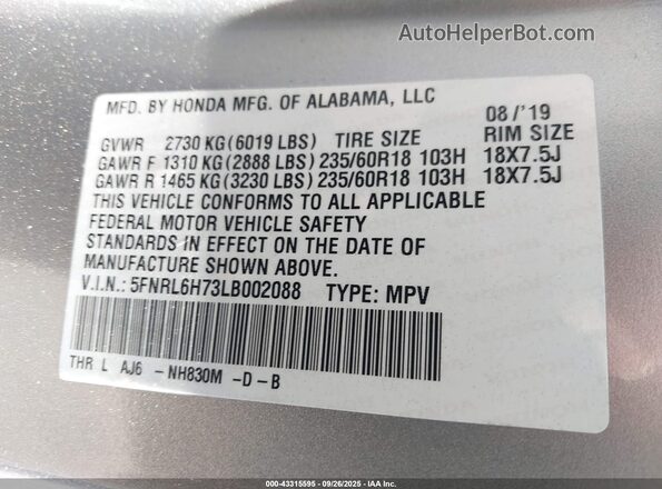 5FNRL6H73LB002088 2020 HONDA ODYSSEY Silver Vista del compartimento del motor