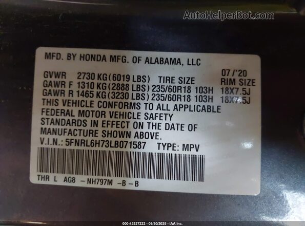 5FNRL6H73LB071587 2020 HONDA ODYSSEY Gray Widok komory silnika