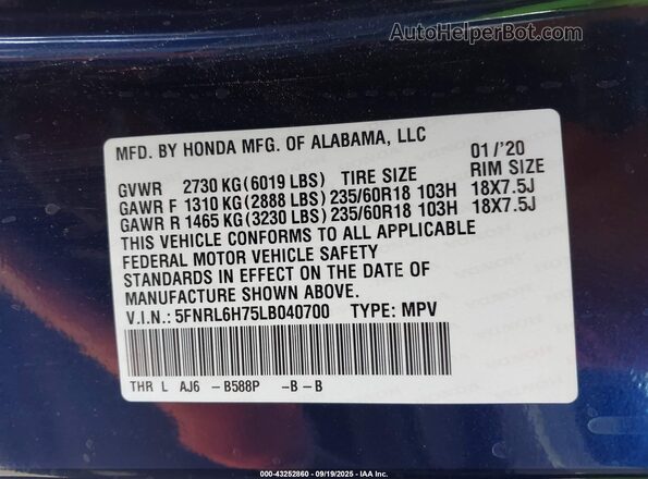 5FNRL6H75LB040700 2020 HONDA ODYSSEY Blue ძრავის განყოფილების ხედი