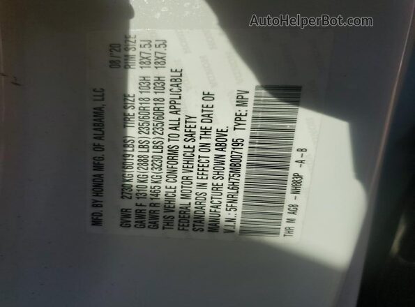 5FNRL6H75MB007195 2021 HONDA ODYSSEY White VIN կոդի պիտակի տեսք