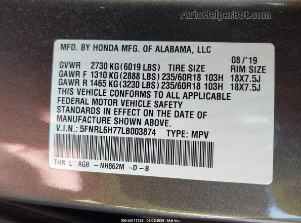 5FNRL6H77LB003874 2020 HONDA ODYSSEY Gray ძრავის განყოფილების ხედი