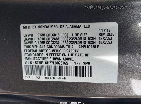 5FNRL6H77LB026765 2020 HONDA ODYSSEY Gray ძრავის განყოფილების ხედი