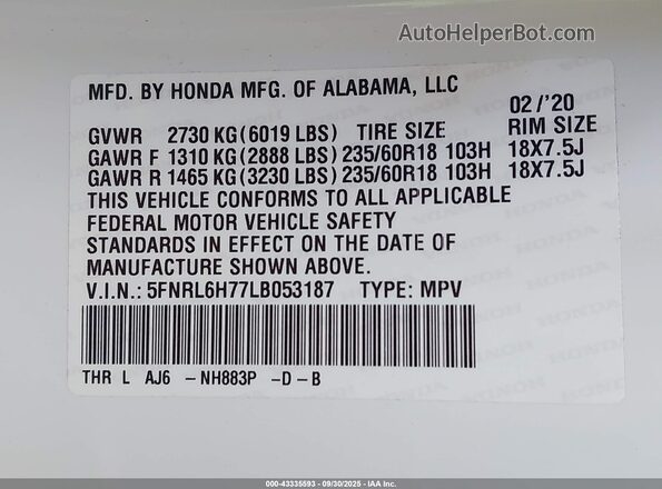 5FNRL6H77LB053187 2020 HONDA ODYSSEY White Widok komory silnika