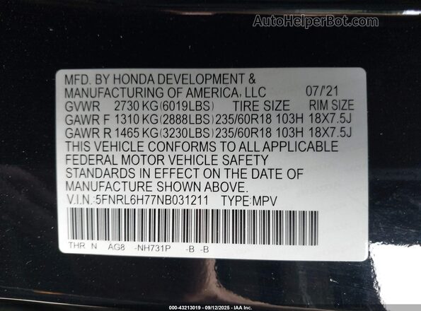 5FNRL6H77NB031211 2022 HONDA ODYSSEY Black Vista del compartimento del motor