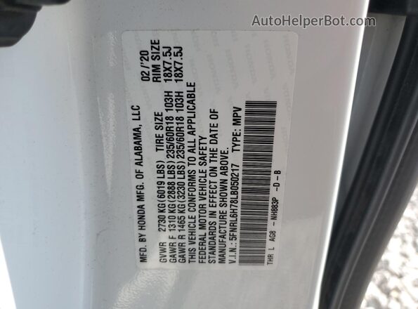 5FNRL6H78LB050217 2020 HONDA ODYSSEY White Vista de la etiqueta del VIN