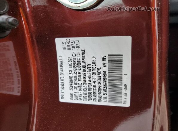5FNRL6H78MB003061 2021 HONDA ODYSSEY Burgundy VIN sticker view