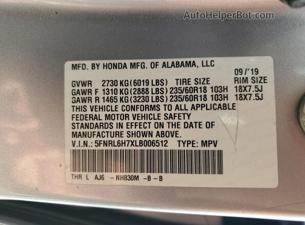 5FNRL6H7XLB006512 2020 HONDA ODYSSEY Silver VIN sticker view
