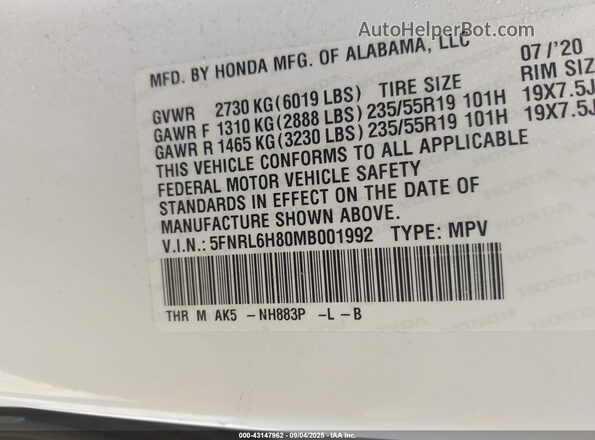 5FNRL6H80MB001992 2021 HONDA ODYSSEY White Vista del compartimento del motor