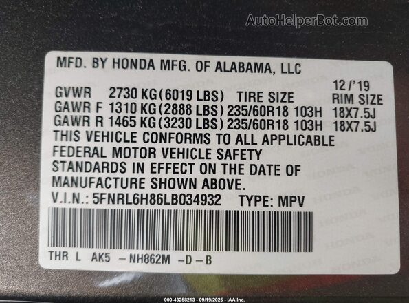 5FNRL6H86LB034932 2020 HONDA ODYSSEY Gray Widok komory silnika