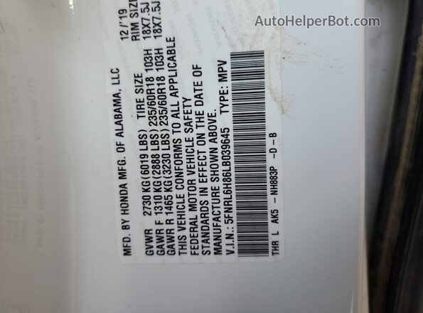 5FNRL6H86LB039645 2020 HONDA ODYSSEY White VIN կոդի պիտակի տեսք