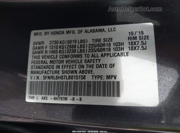 5FNRL6H87LB015158 2020 HONDA ODYSSEY Gray Widok komory silnika