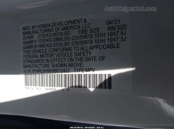 5FNRL6H90NB012422 2022 HONDA ODYSSEY White Вид підкапотного простору