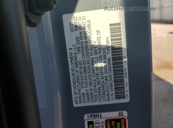 5FNRL6H91SB062886 2025 HONDA ODYSSEY Синий Вид наклейки с VIN-кодом