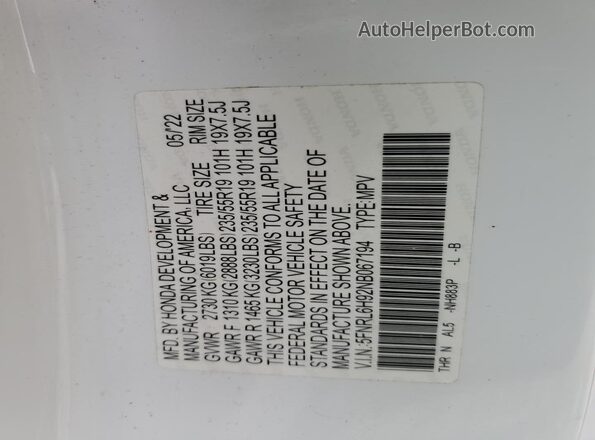 5FNRL6H92NB067194 2022 HONDA ODYSSEY White 