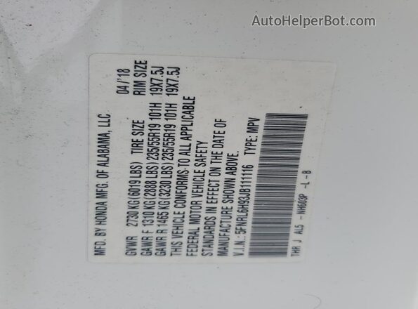 5FNRL6H93JB111116 2018 HONDA ODYSSEY White 