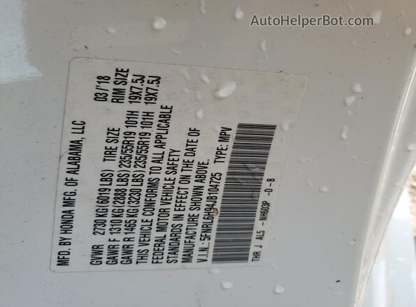 5FNRL6H94JB104725 2018 HONDA ODYSSEY White 