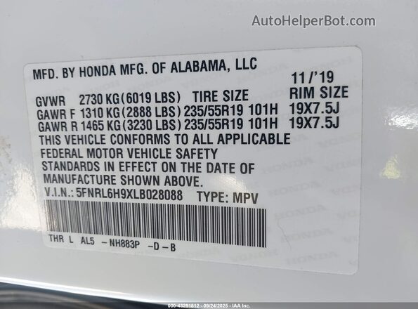 5FNRL6H9XLB028088 2020 HONDA ODYSSEY White Widok komory silnika