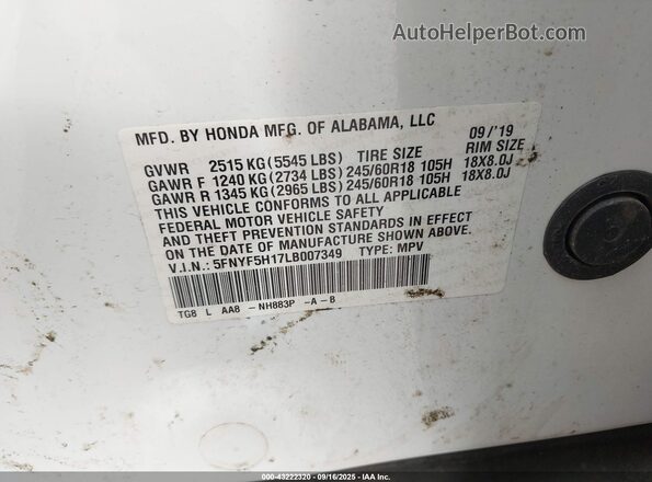 5FNYF5H17LB007349 2020 HONDA PILOT White Engine compartment view