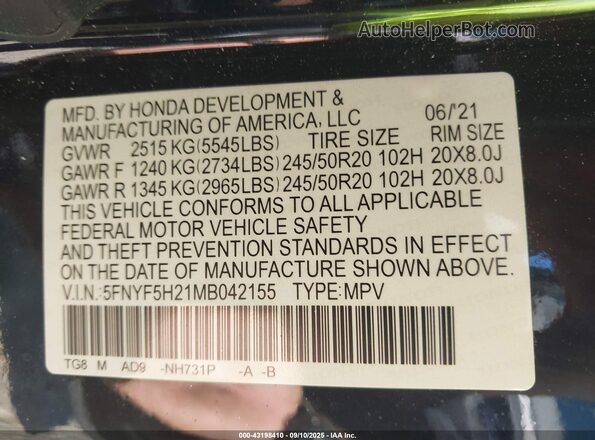 5FNYF5H21MB042155 2021 HONDA PILOT Black Вид підкапотного простору