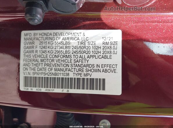 5FNYF5H25NB011038 2022 HONDA PILOT Maroon Շարժիչի բաժամունքի տեսք