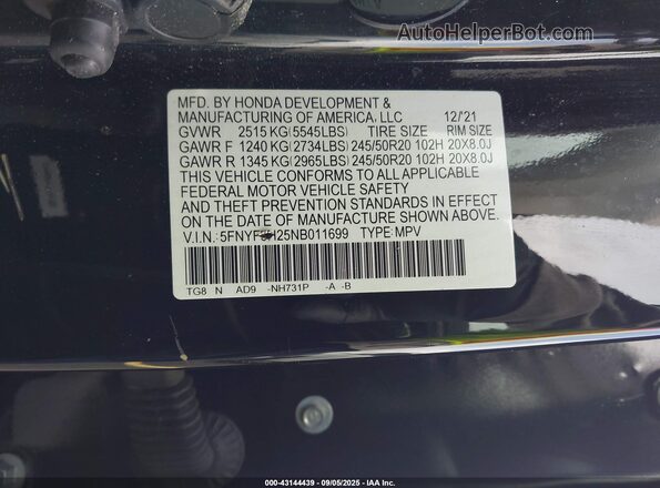 5FNYF5H25NB011699 2022 HONDA PILOT Черный Вид подкапотного пространства