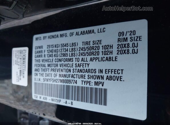 5FNYF5H27MB009774 2021 HONDA PILOT Black 