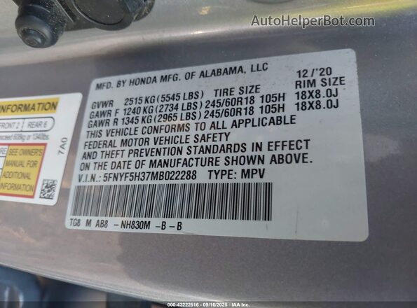 5FNYF5H37MB022288 2021 HONDA PILOT Silver Вид підкапотного простору