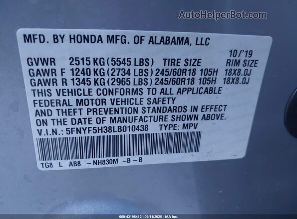 5FNYF5H38LB010438 2020 HONDA PILOT Silver ძრავის განყოფილების ხედი