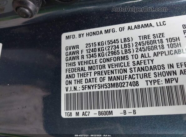 5FNYF5H53MB027408 2021 HONDA PILOT Blue ძრავის განყოფილების ხედი
