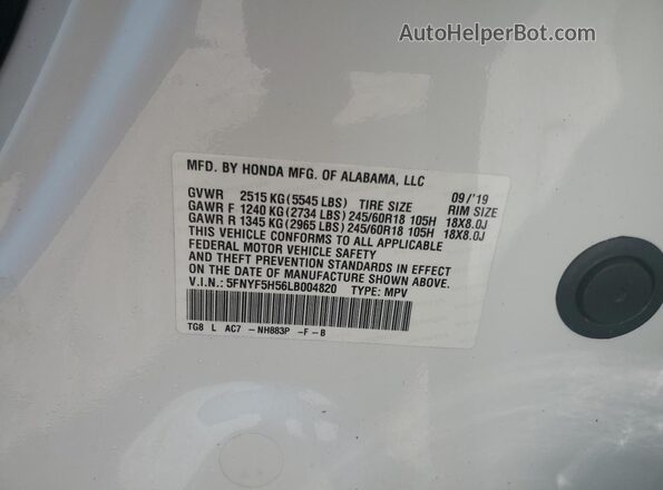 5FNYF5H56LB004820 2020 HONDA PILOT White VIN sticker view