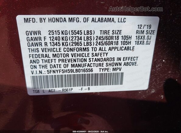 5FNYF5H59LB016556 2020 HONDA PILOT Burgundy Vista del compartimento del motor