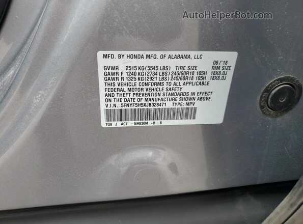 5FNYF5H5XJB028471 2018 HONDA PILOT Серебряный 