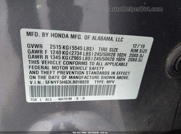 5FNYF5H63LB018828 2020 HONDA PILOT Gray ძრავის განყოფილების ხედი