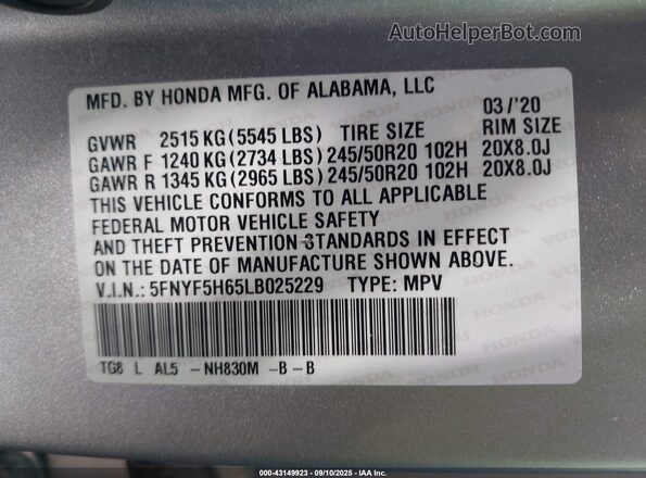5FNYF5H65LB025229 2020 HONDA PILOT Silver Շարժիչի բաժամունքի տեսք