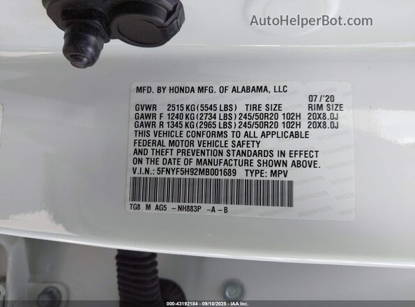 5FNYF5H92MB001689 2021 HONDA PILOT White Շարժիչի բաժամունքի տեսք