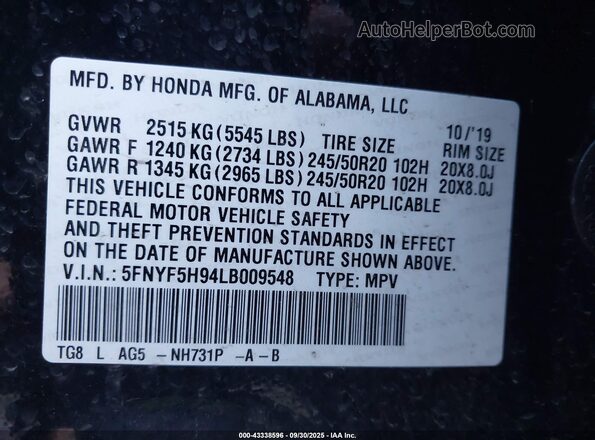 5FNYF5H94LB009548 2020 HONDA PILOT Black Engine compartment view