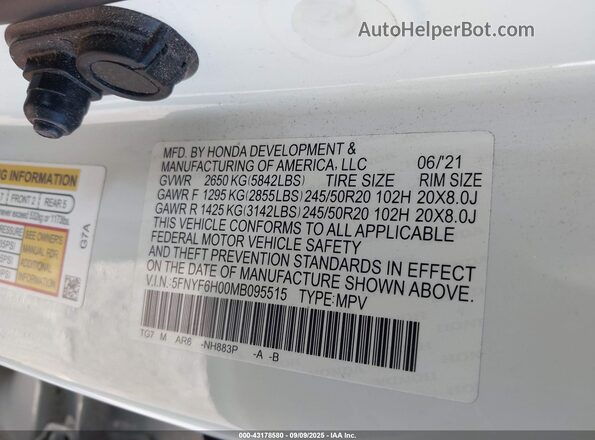 5FNYF6H00MB095515 2021 HONDA PILOT  Շարժիչի բաժամունքի տեսք