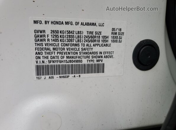 5FNYF6H15JB049893 2018 HONDA PILOT White 