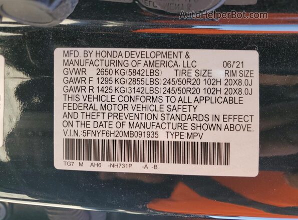 5FNYF6H20MB091935 2021 HONDA PILOT Black VIN sticker view
